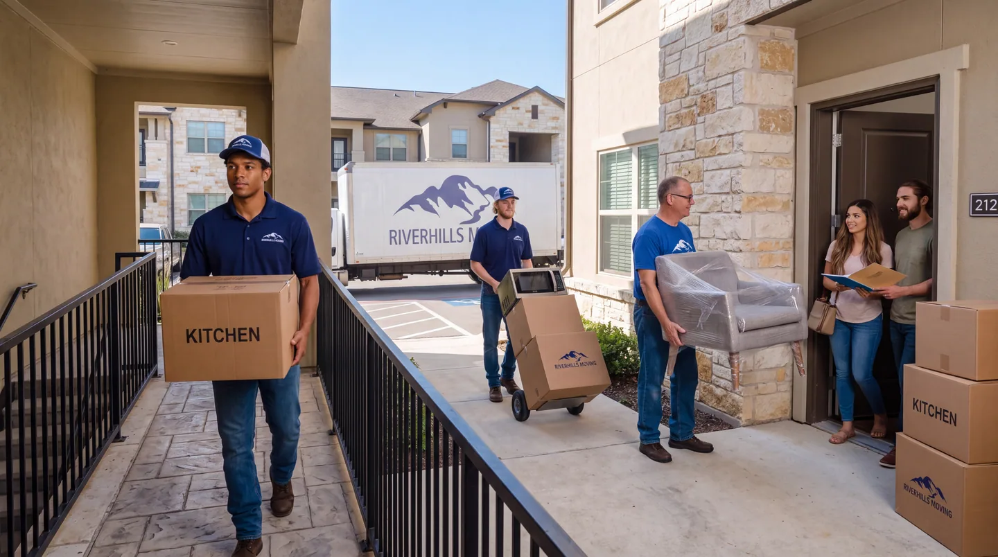 Stacked moving boxes ready for a first off-campus apartment move near UTSA in San Antonio