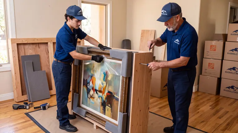 RiverHills Moving crew building a custom wood crate around framed artwork