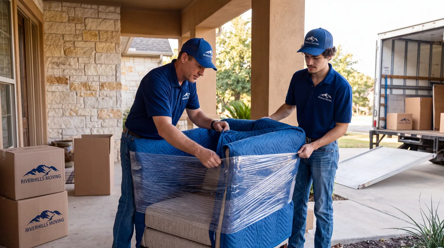 RiverHills Moving crew padding and wrapping furniture at a Converse home
