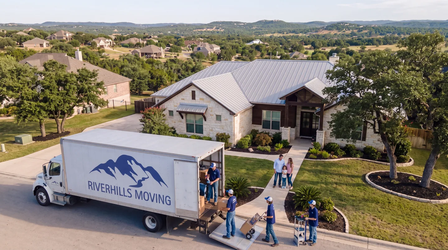A Hill Country family outside their home with a RiverHills Moving truck
