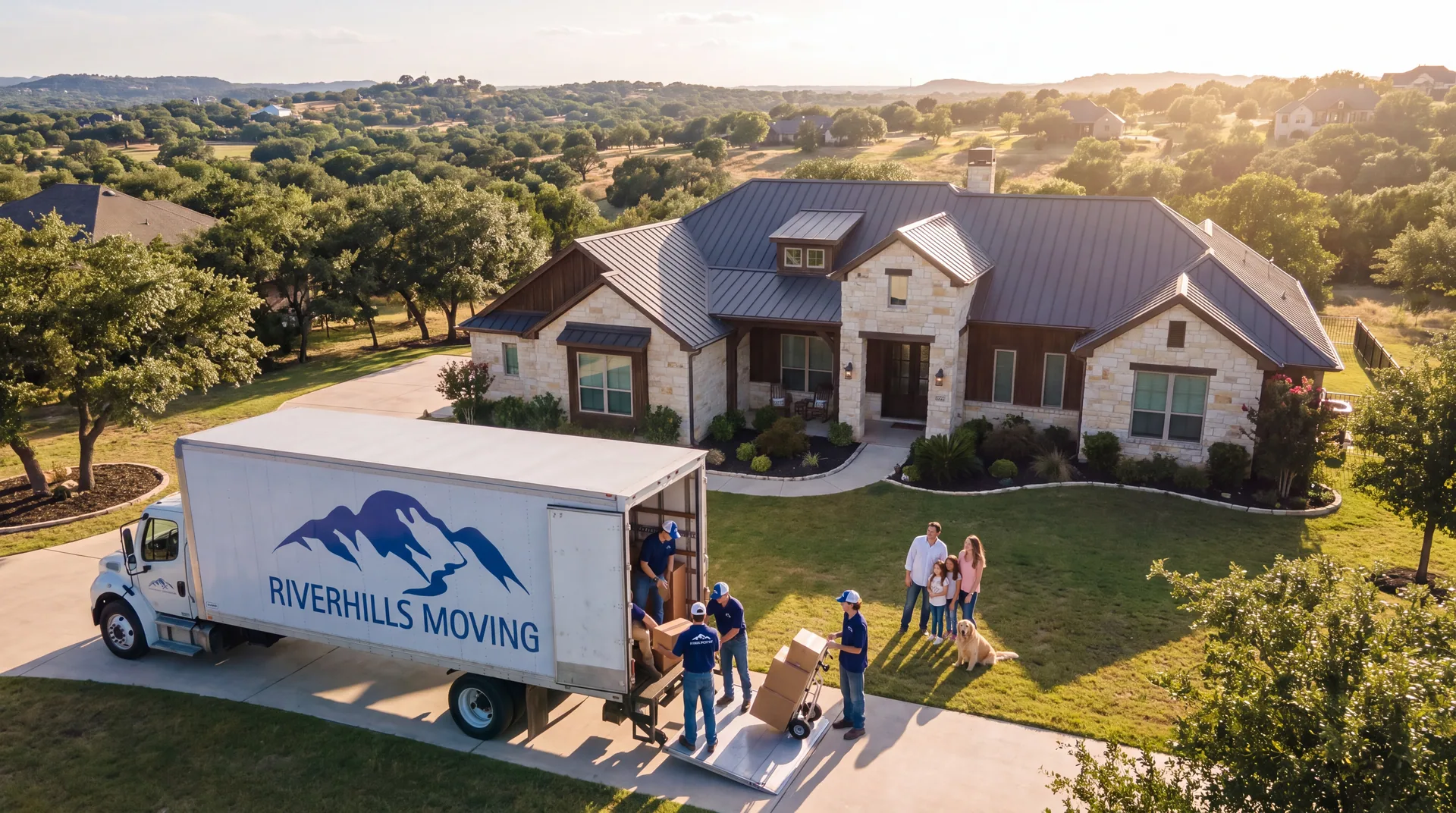 RiverHills Moving crew and branded truck at a Texas Hill Country home