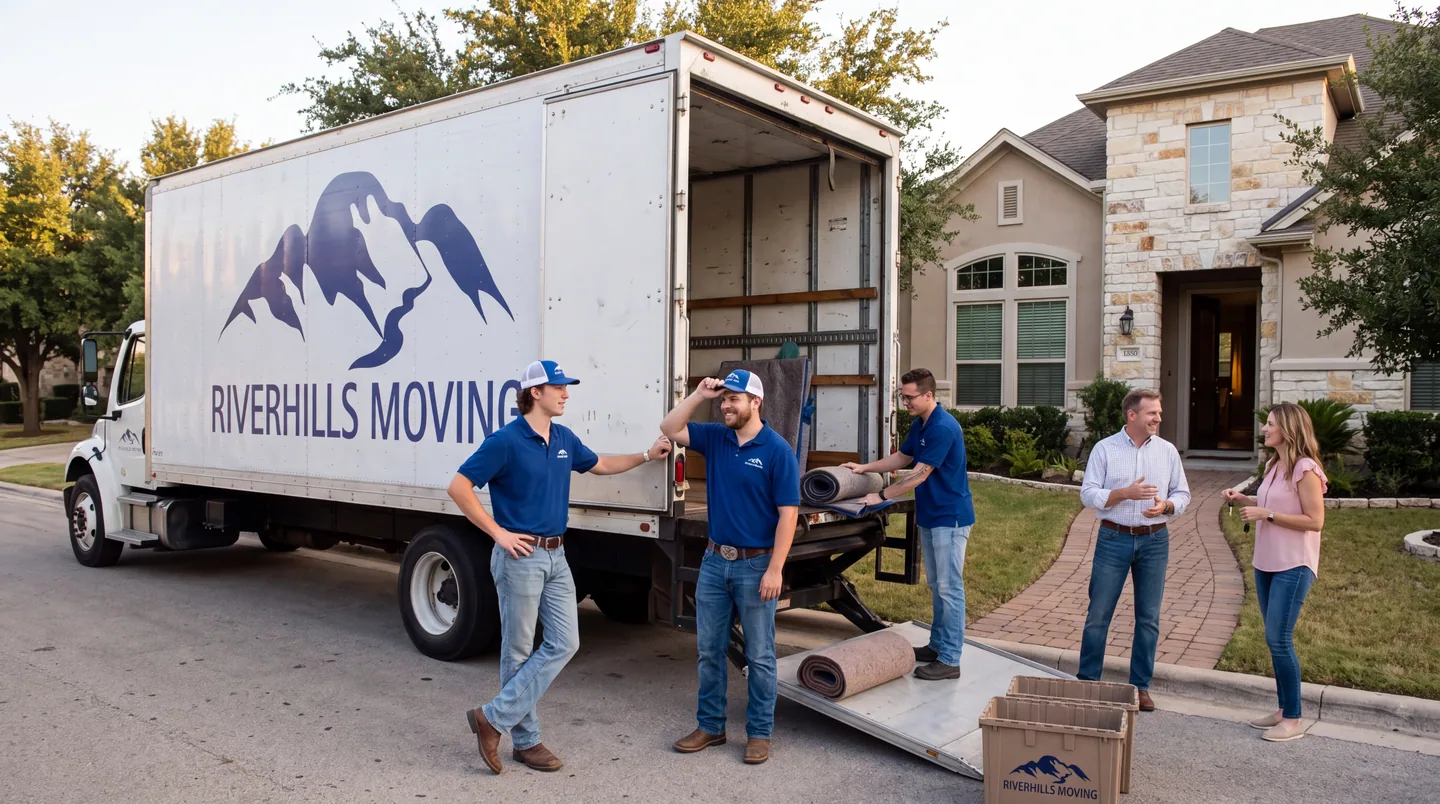 RiverHills Moving crew and customers beside the branded truck in Converse