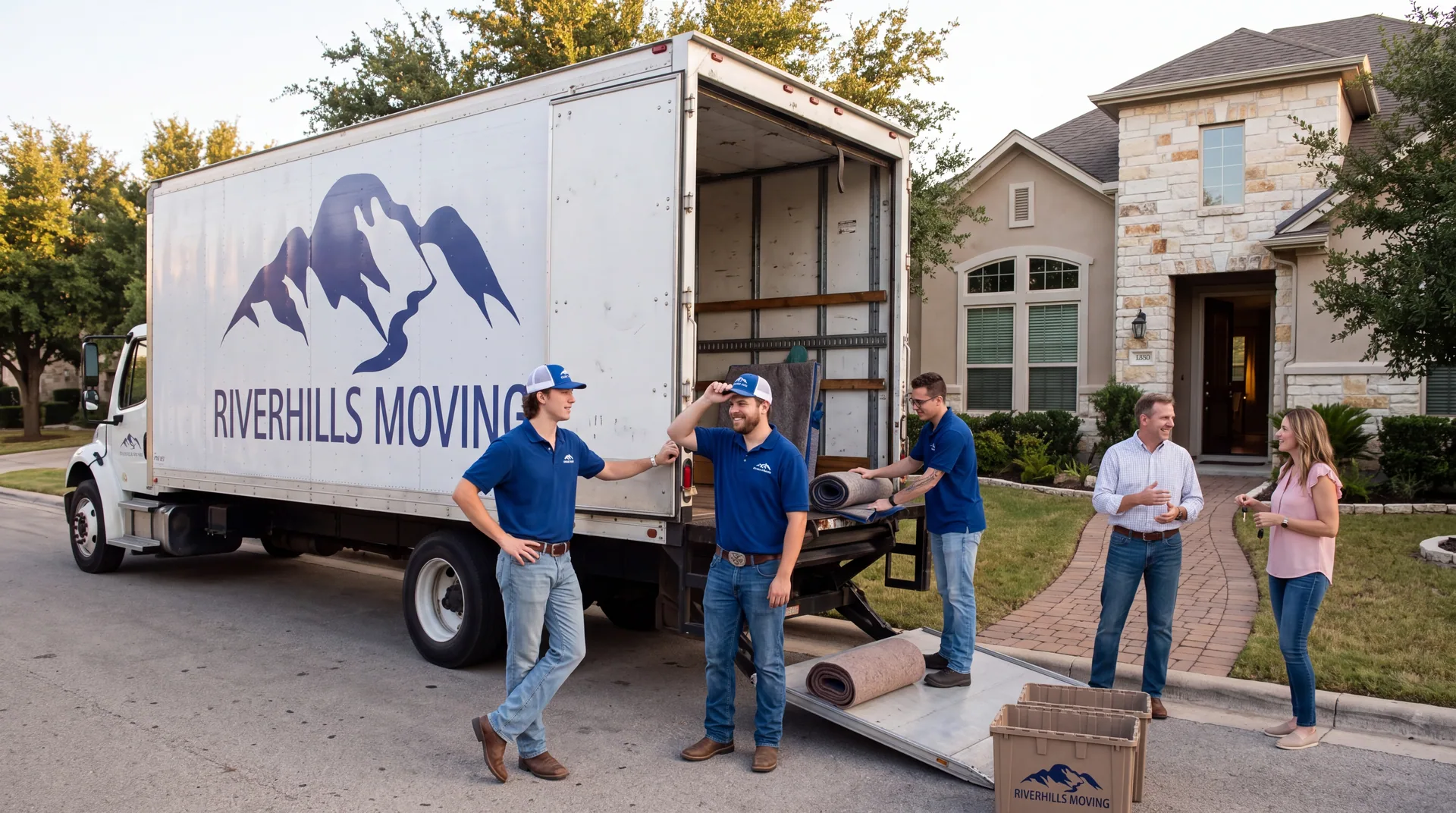 RiverHills Moving team together beside a branded moving truck after a residential move