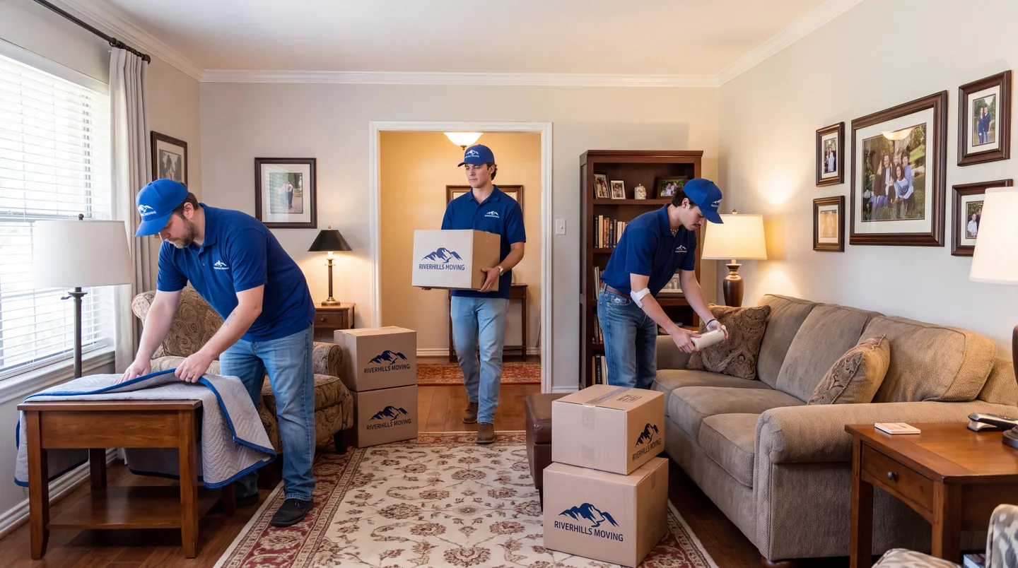 RiverHills Moving crew protecting furniture and carrying boxes inside a home
