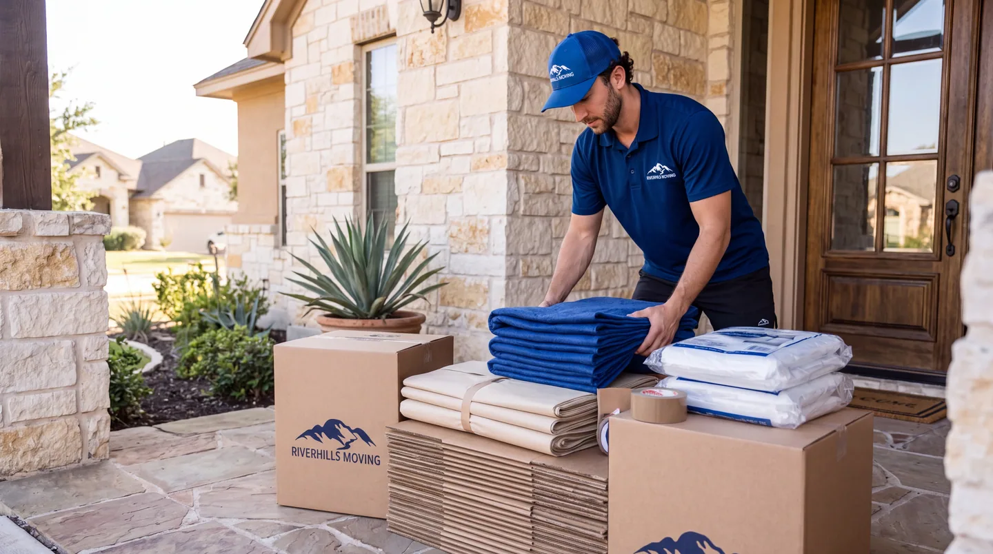 RiverHills Moving packing supplies prepared outside a Hill Country home