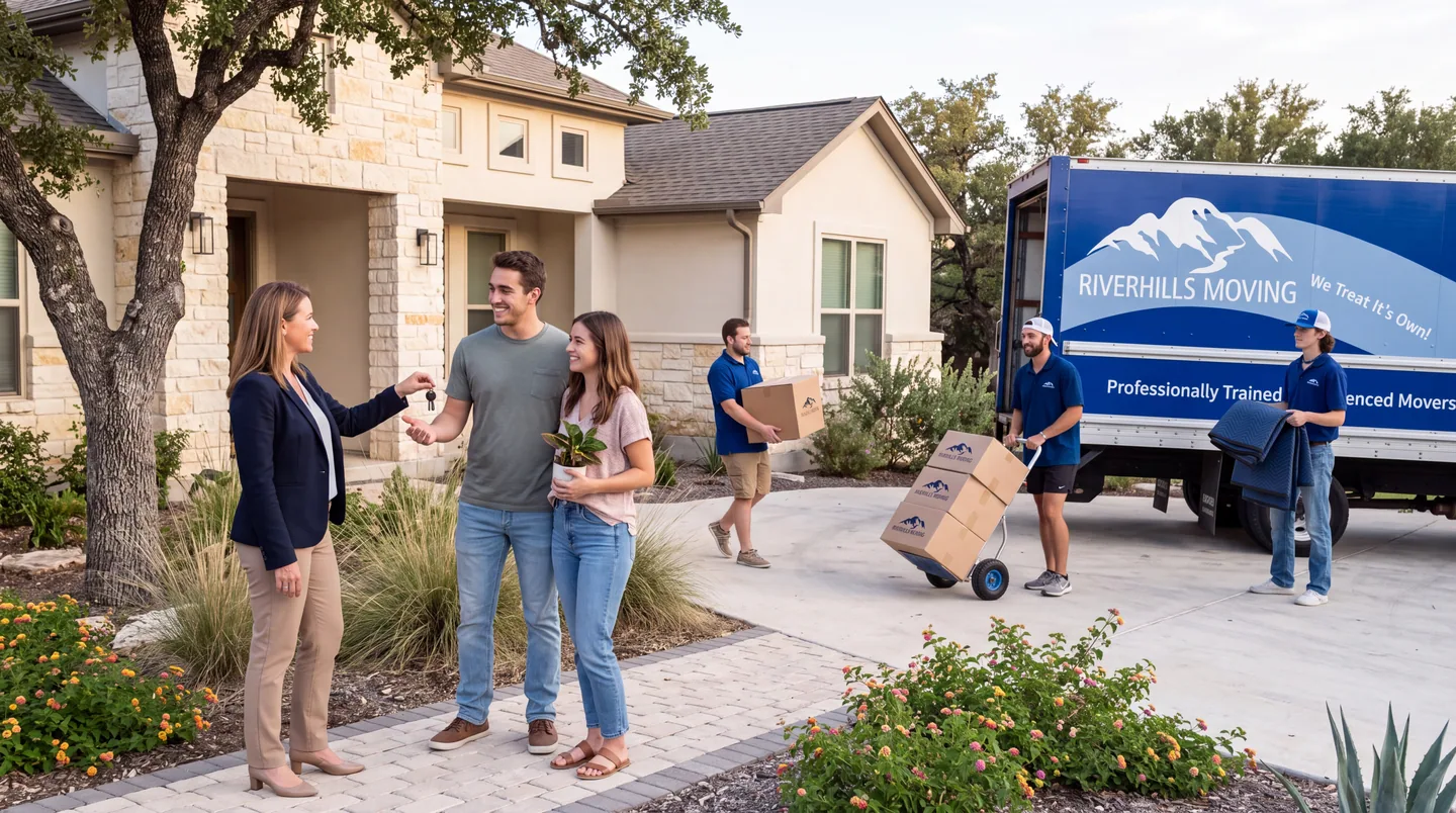 RiverHills movers assisting customers outside a Hill Country home