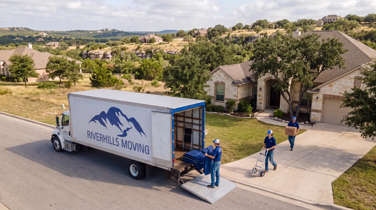 The RiverHills Moving team and branded box truck ready for a Converse move